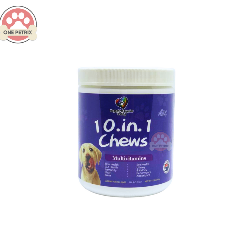 10 in 1 Chews Multivitamins for Dogs : Skin, Gut, Immunity, Heart, Brain (Beef Flavor) - 180 Chews