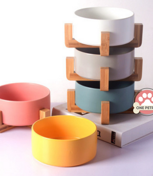 Nordic 15CM Ceramic Pet Bowl - Food / Water Bowl with Single or Double Wooden Rack