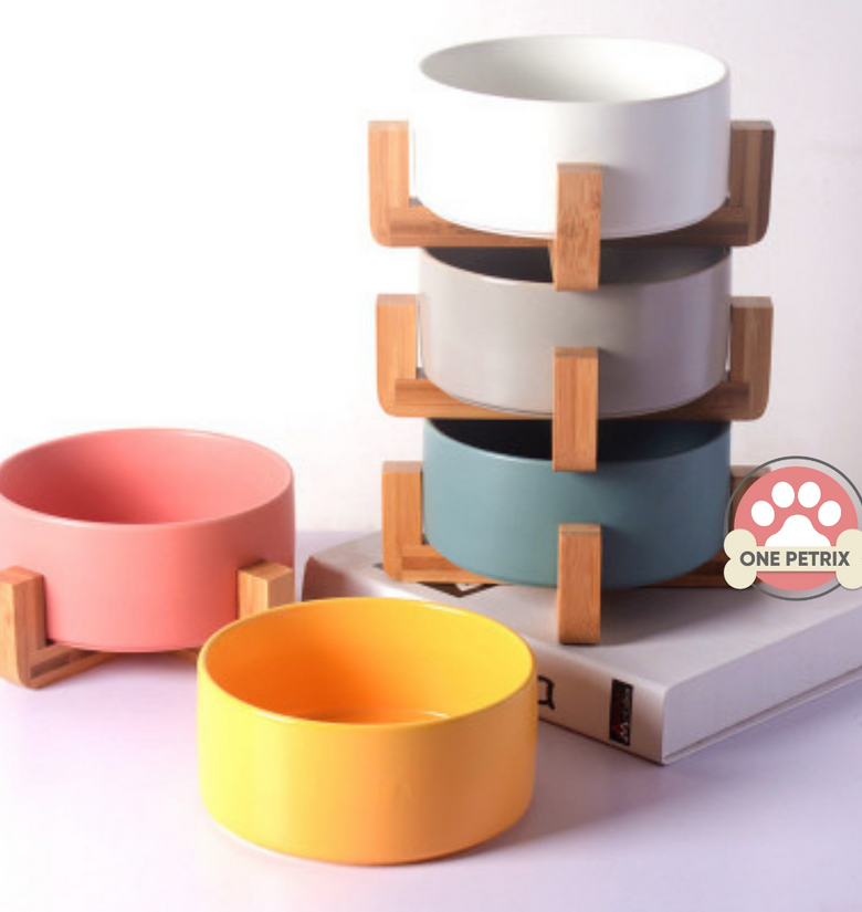 Nordic 15CM Ceramic Pet Bowl - Food / Water Bowl with Single or Double Wooden Rack